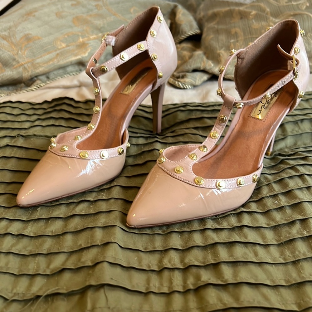 Nude Halogen heels with gold studs